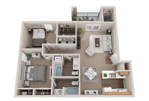 Floor plan for 2 beds, 2 baths, 1125 sqft